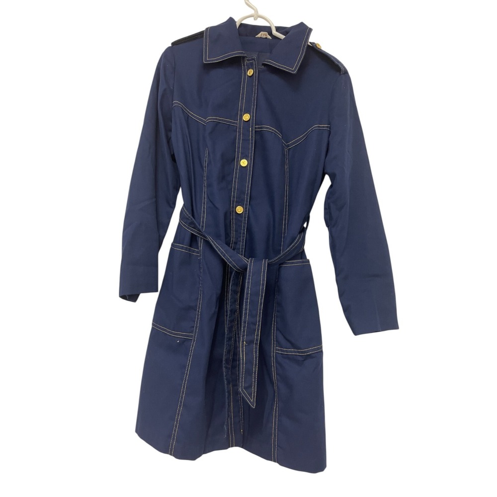 Midi Dress Womens Blue L Long Sleeve Vintage Point Collar Belted Sundress